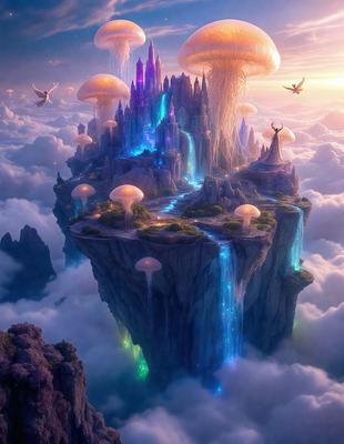 The primary subject of the image is a fantasy world with a castle and mushrooms. The setting is a cloudy sky, and the visual style is digital art. The dominant colors are blue and purple, creating a serene and magical atmosphere.
